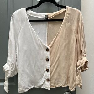 Valija Color Block Blouse White Beige Linen Blend Tie Sleeve Shirt S